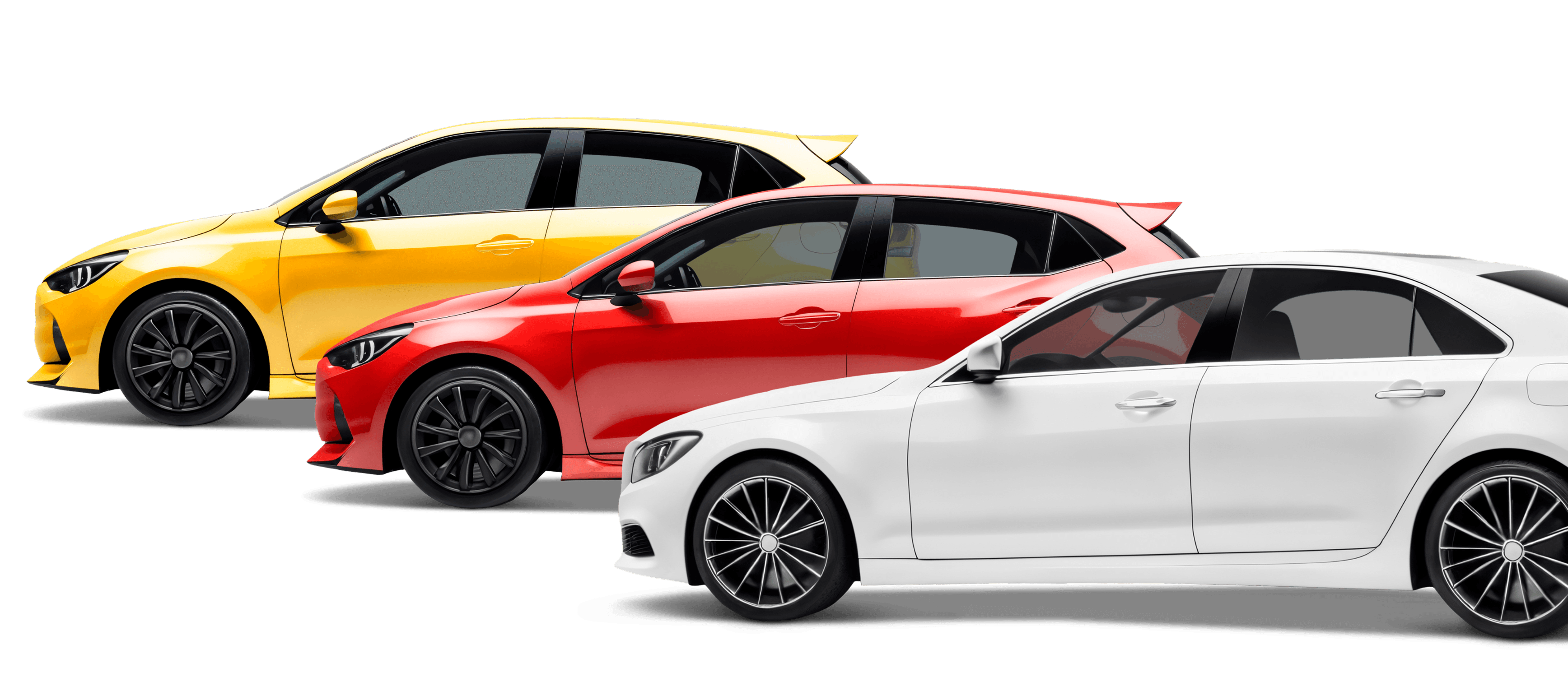 Tres autos modernos de colores amarillo, rojo y blanco en formación diagonal